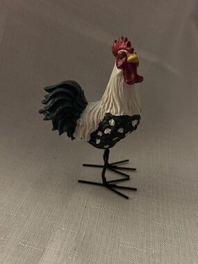 Decorative Rooster Figurine in White, Black, Red & Yellow